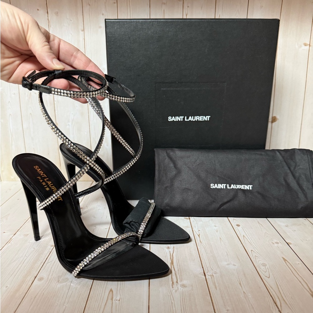 Saint Laurent Crepe Satin Crystal Satine 110 Sandals Black Sz 37 / 7
